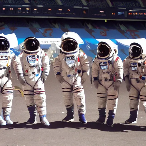 Prompt: 5 space astronauts in spacesuits of different colors, running in a relay race in a stadium, olympic games