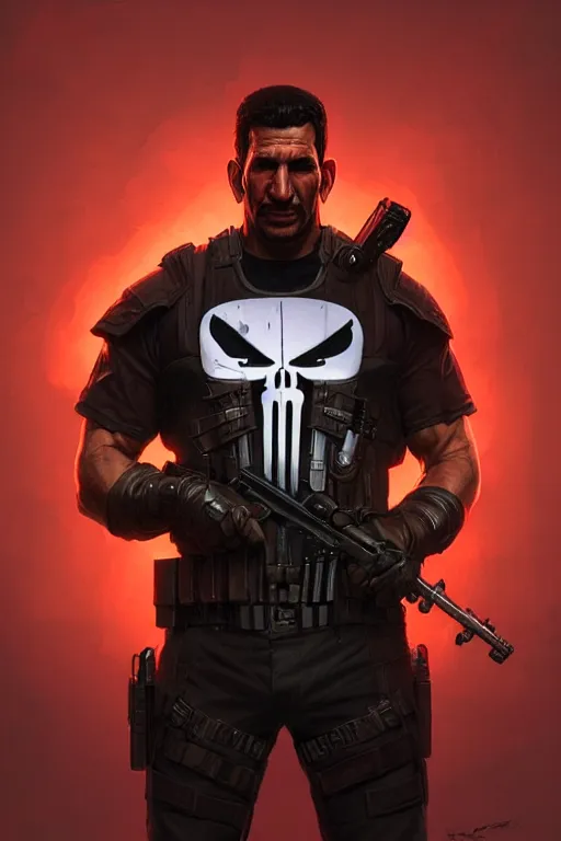 Image similar to rayan reynolds as punisher, portrait, skull on the chest, highly detailed, digital painting, artstation, concept art, smooth, sharp focus, illustration, cinematic lighting, art by artgerm and greg rutkowski and alphonse mucha