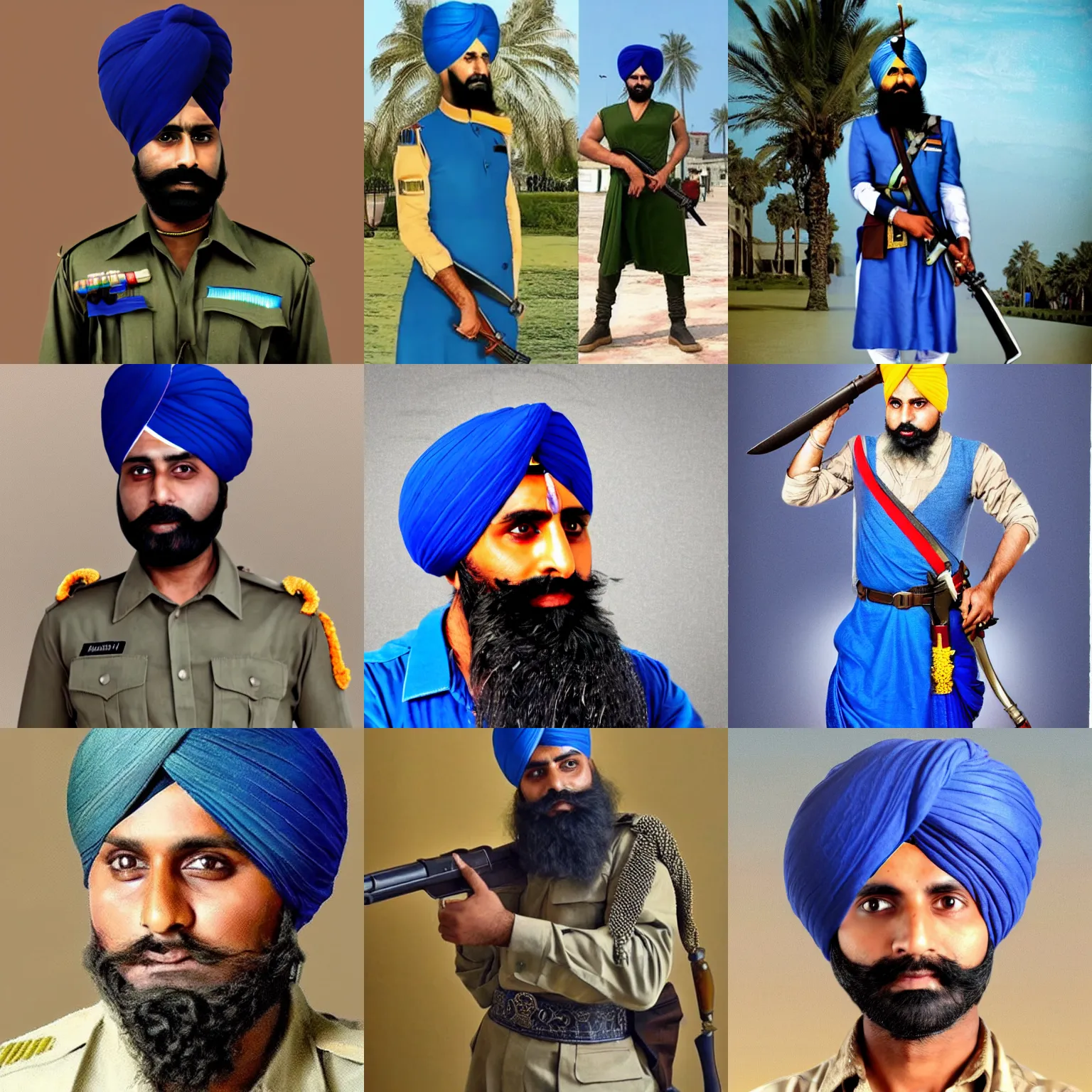 Prompt: jatt singh soldier wearing blue turban brandishing a talwar, vaporwave trending on right-wing twitter and 4chan /pol/