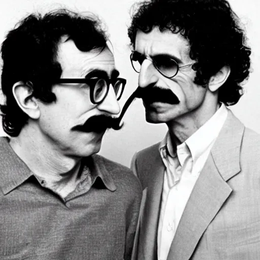 Prompt: a young Woody Allen with Frank Zappa\'s mustache, masculine, famous, glossy, bizarrrrre