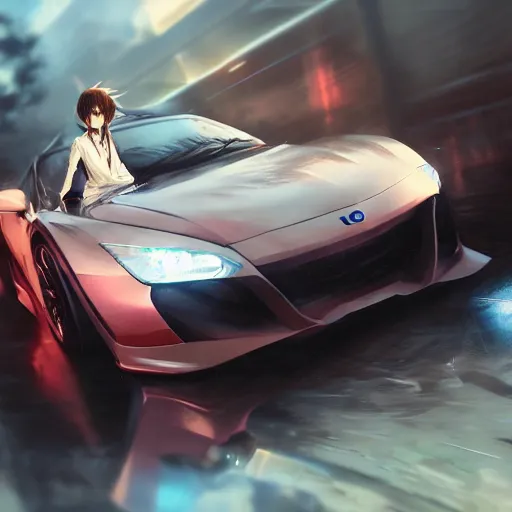 Image similar to a young anime man driving a sports car, style game square enix life, trending on artstation, painted by greg rutkowski, render naughty dog, octane render, detailed