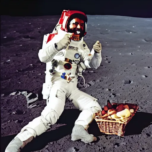 Prompt: color photography of Freddy mercury laughing while having a picnic on the moon