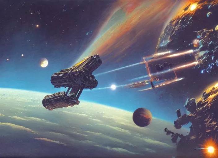 Prompt: abandoned space station drifting in deep space, cinematic matte painting, peter elson, chris foss, terran trade authority