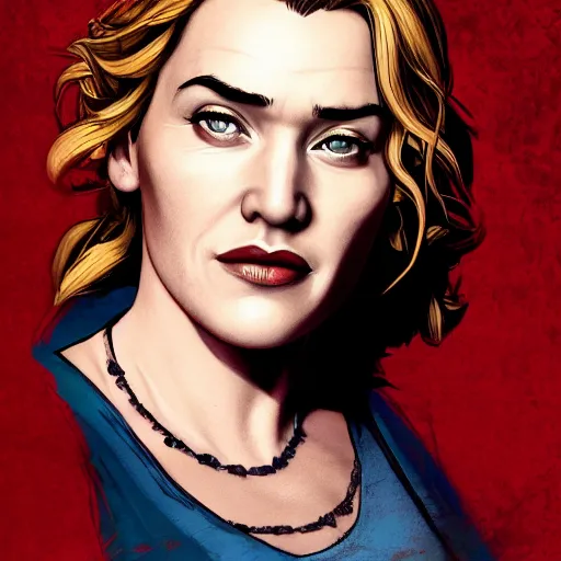 Image similar to kate winslet portrait, borderlands, tales from the borderlands, the wolf among us, comic, cinematic lighting, studio quality, 8 k