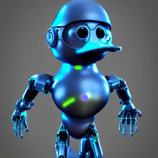 Prompt: a biomechanical duck, cybertronic, glowing blue eyes, octane render