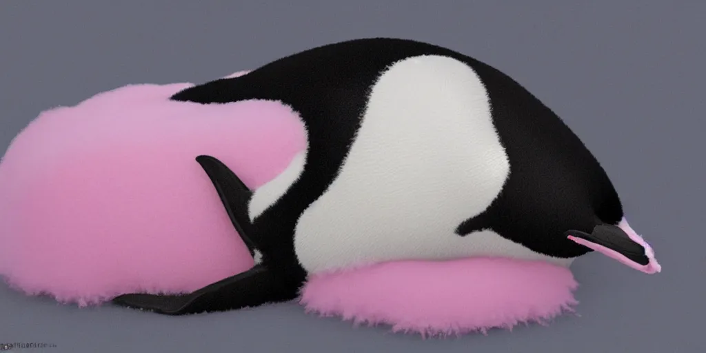 Image similar to realistic penguin sitting in a pink fluffy bed, hyper detailed, trending on artstation