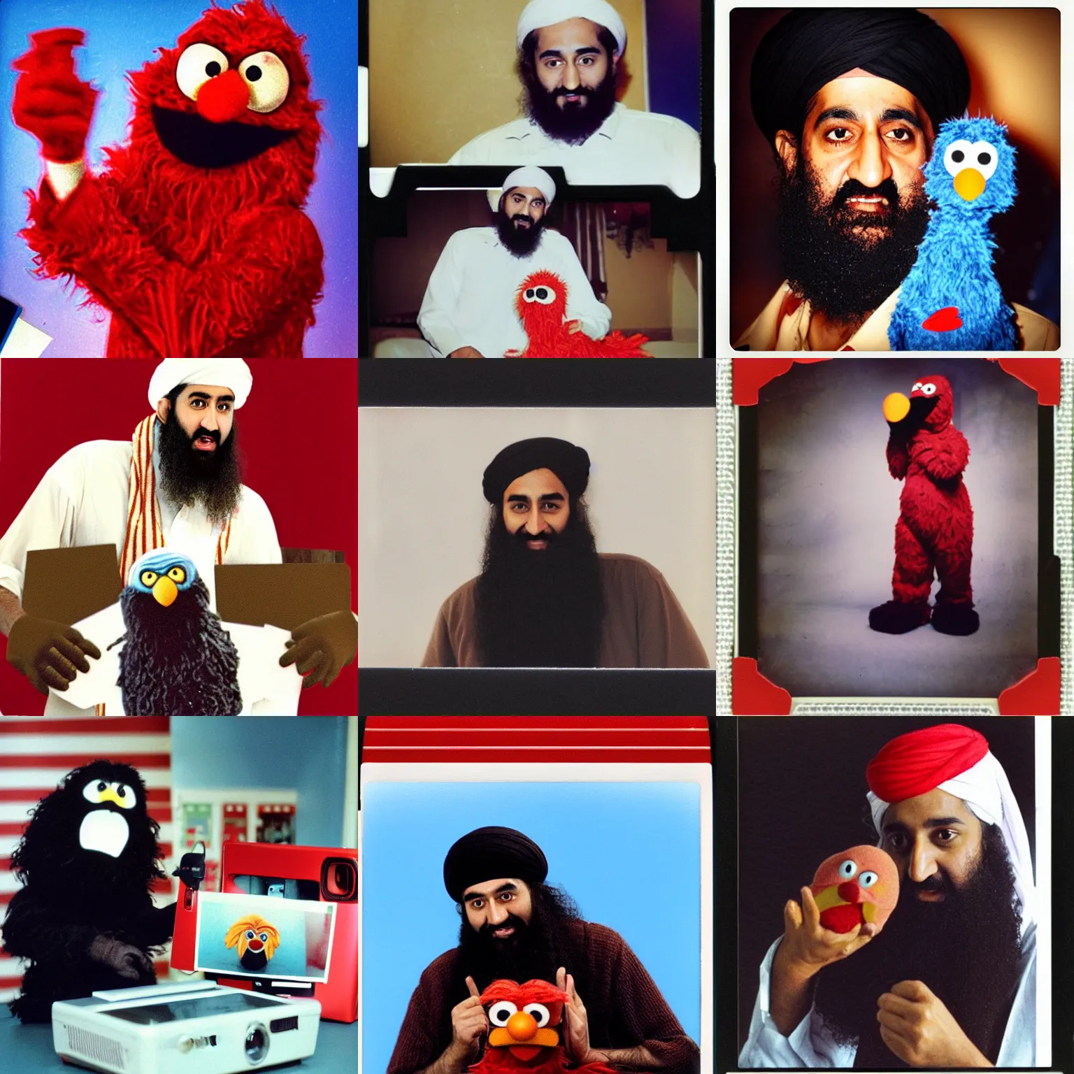 Prompt: ! dream polaroid photo of osama bin laden debating elmo