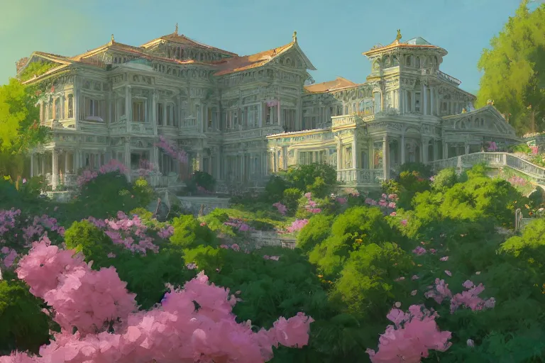 Prompt: green weed grow house, rococo style, greek architecture, pink marble building, marijuana trees, sakura season weed leaves dynamic lighting, landscape, artwork by jeremy lipkin and giuseppe dangelico pino and michael garmash and rob rey and greg manchess and huang guangjian and makoto shinkai, pixiv, 1 0 0 mm