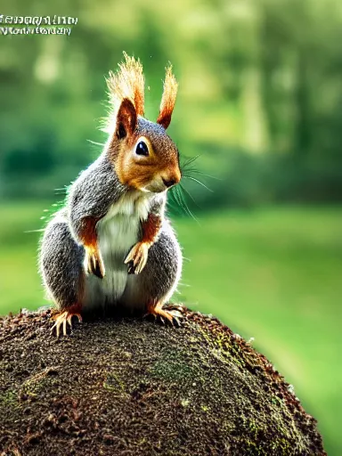 Prompt: a squirrel as king arthur, extremely plump, wearing crown of acorns and dandelions, servant squirrels, king arthur's court, game of thrones, sitting on throne, extreme wide shot, low angle, crown, crown, crown, palace, fantasy art, cinematic lighting, realistic, sony 2 4 mm f 8. 0