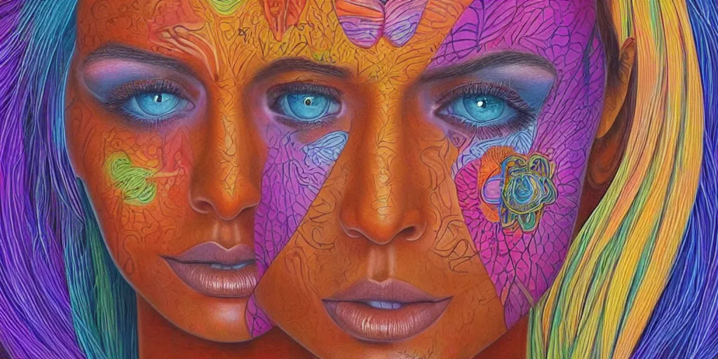 Prompt: a portrait of a beautiful woman the style of Alex Grey, realism, colorful,