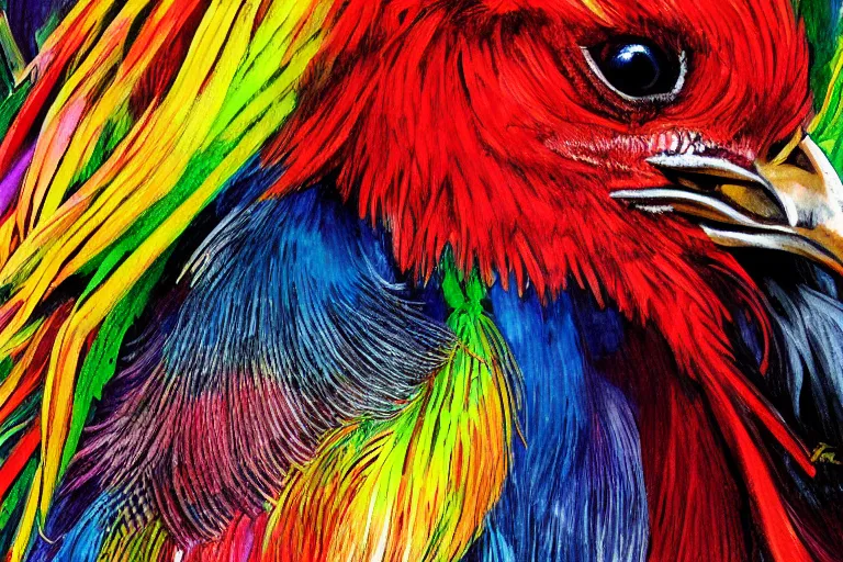 Image similar to illustration of a rooster with feathers of many colors, by ken barthelmey and liam cobb, lively colors, portrait, sharp focus, colored feathers, jungle