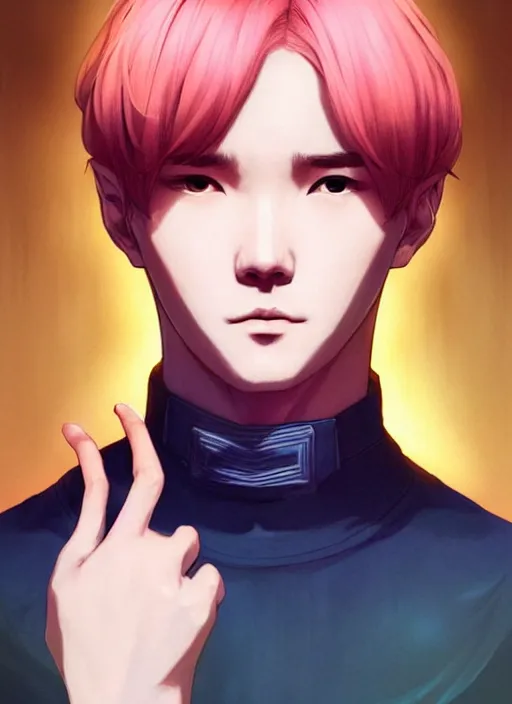 Prompt: aesthetic portrait commission of a of YOONGI is SPOCK + VEINY HANDS + hyperdetailed face at golden hour, safe for work (SFW). Character design by charlie bowater, ross tran, artgerm, and makoto shinkai, detailed, inked, western comic book art, 2021 award winning film poster painting