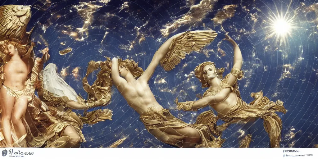 Image similar to majestic holy neorococo sistina saint Woman Venus godness Athena beautiful gracious pagans marble and gold in space stars clouds doves suns greeks war and peace trinity