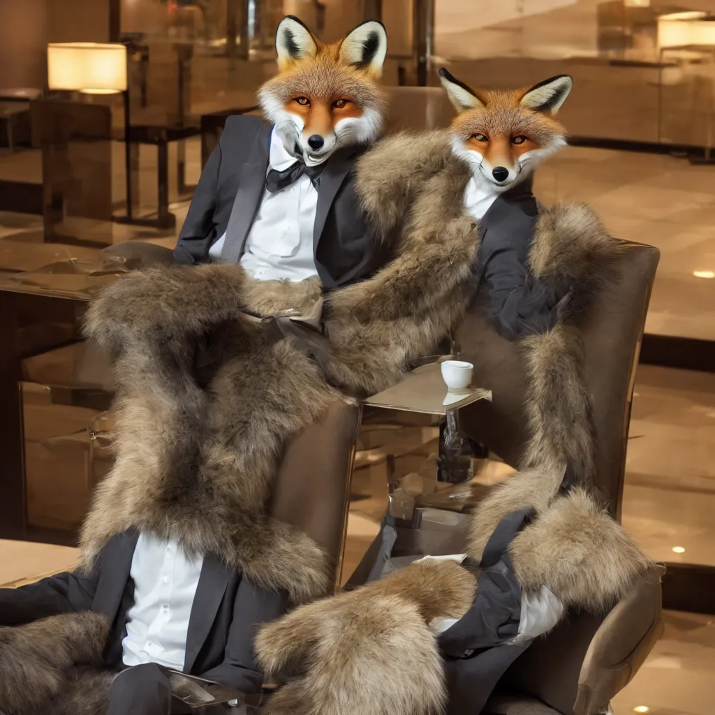 Image similar to anthropomorphic fox in suit sitting in the lobby of a futuristic hotel, anthro, furry