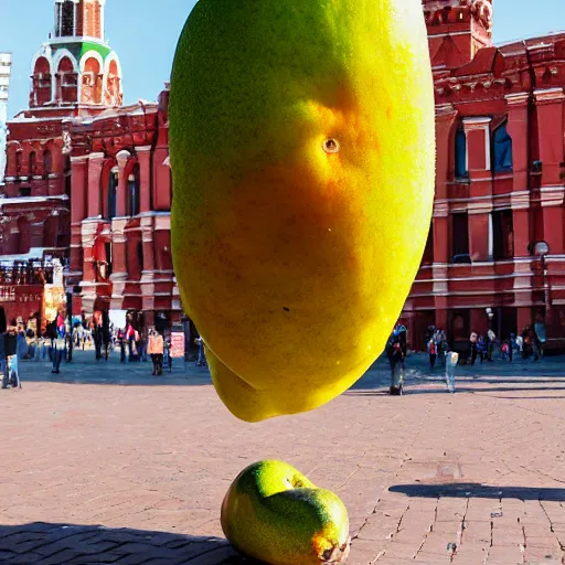 Image similar to photo of giant mango on red square, super wide shot, bokeh