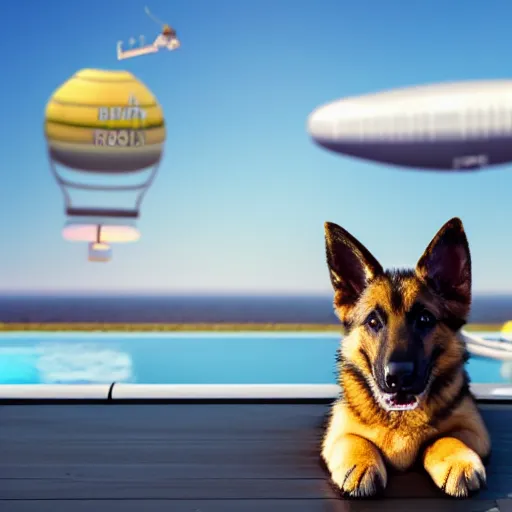 Image similar to a swanky gsd puppy relaxing at the pool on a penthouse rooftop with a futuristic blimp anchor in the background, 8K, 4K, UE5, Octane, 3D, digital art, RTX, Ray Tracing, Bokeh, happeening