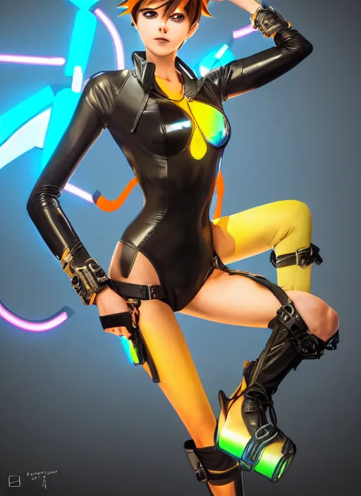 Image similar to full body digital artwork of tracer overwatch, wearing black iridescent rainbow latex swimsuit, 4 k, expressive happy smug expression, makeup, in style of mark arian, wearing detailed black leather collar, wearing chains, black leather harness, leather cuffs around wrists, detailed face and eyes,