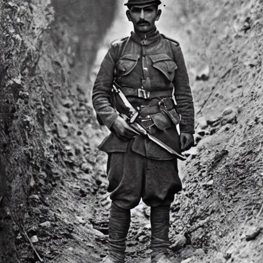 Image similar to Kurdish soldier, ww1 trench, war photo, award winning photo, incredibly detailed