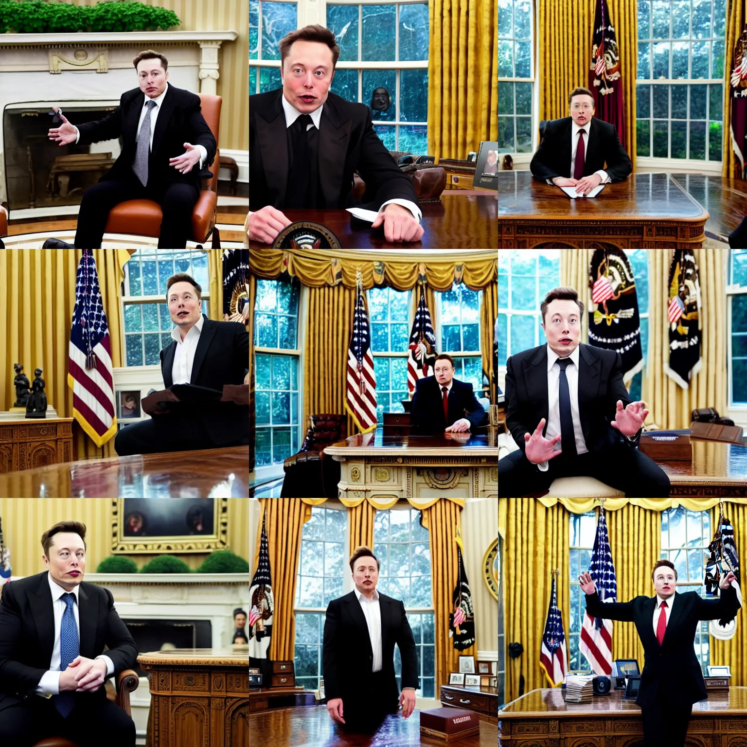 Prompt: elon musk as the president of the united states in the oval office