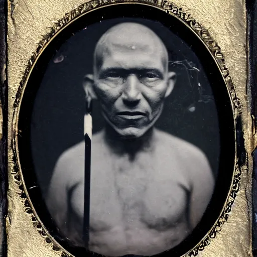 Image similar to tintype photograph of a neo-futuristic shaman. Holding a glowing staff, he has three eyes.