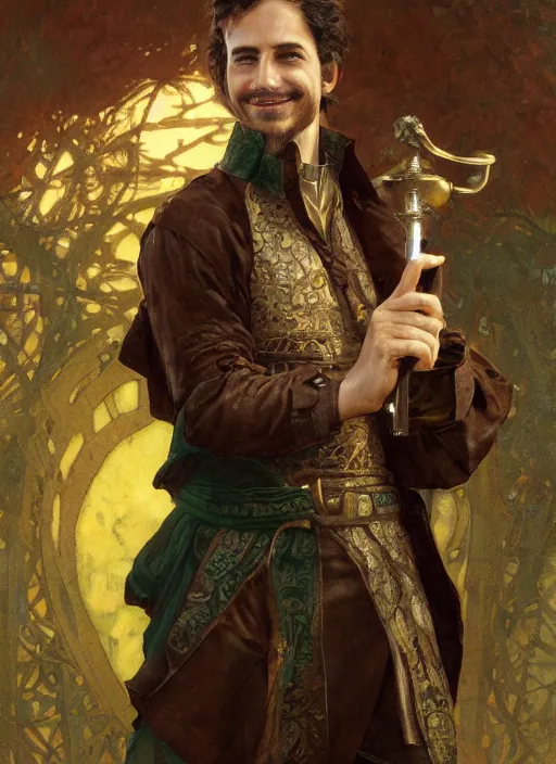 Image similar to medium-length portrait of a male bard with short curly hair and brown eyes, dark brown skin, happy expression, wears a combination of dark green tunic and boiled leather, medieval setting, highly detailed, digital painting, artstation, concept art, sharp focus, illustration, art by greg rutkowski and alphonse mucha