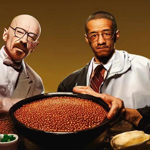 Prompt: Photo of Walter White and Gus Fring taking a bath in baked beans, taken with a Nikon D800.