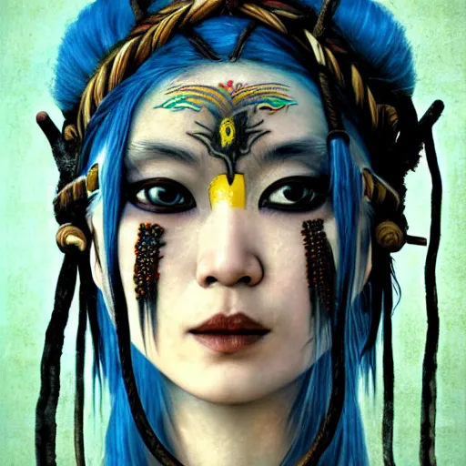 Image similar to A young blindfolded shaman japanese woman with a decorated headband performing a pagan ritual, in the style of heilung, blue hair dreadlocks and wood on her head, tribal piercing and tatoos , atmospheric lighting, intricate detail, cgsociety, ambient light, dynamic lighting, art by karol bak