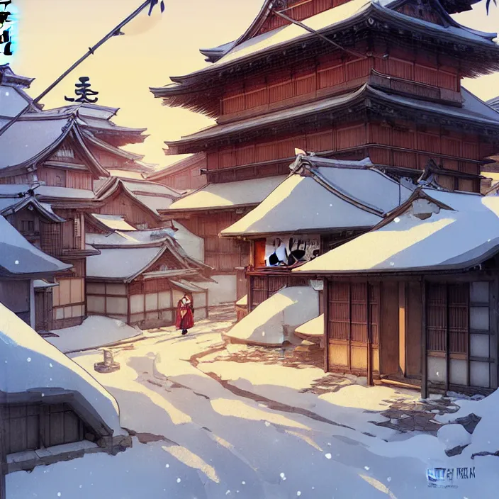 Image similar to japanese rural town, winter, in the style of studio ghibli, j. c. leyendecker, greg rutkowski, artem