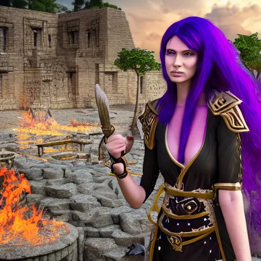 Image similar to high quality unreal engine render of a Dungeons and Dragons character, half-elf sorceress, she has purple hair, 30 years old, a fire spell forms in her hands, ancient Persian city in the background