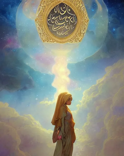 Image similar to the quran descending from the galaxy into clouds highly detailed, gold filigree, romantic storybook fantasy, soft cinematic lighting, award, disney concept art watercolor illustration by mandy jurgens and alphonse mucha and alena aenami, pastel color palette, featured on artstation