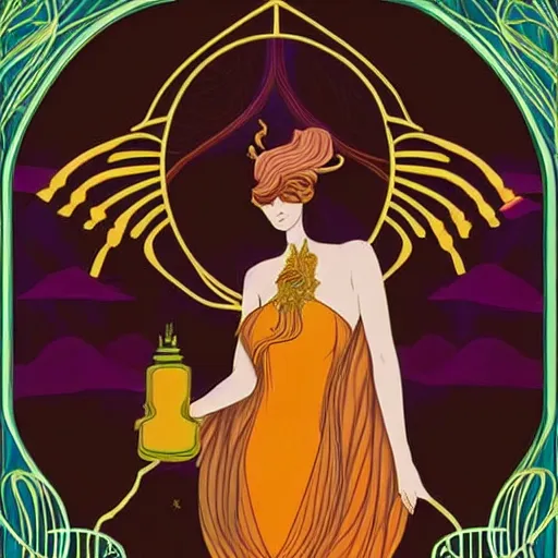 Prompt: ethereal, numinous goddess of solarpunk draped in magic, offering the viewer a pill, by Tina lavoie, minimal, warm colors, flat colors, art deco, art nouveau, ornate border