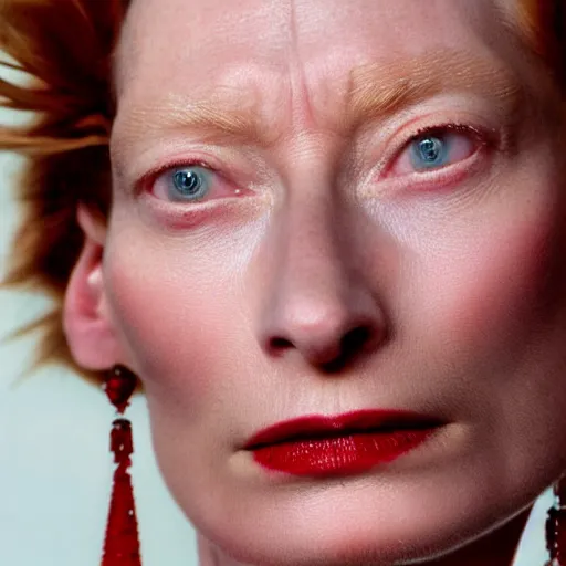 Image similar to close up portrait of tilda swinton wearing a red blazer and ruby earrings, vivid eyes, photorealistic