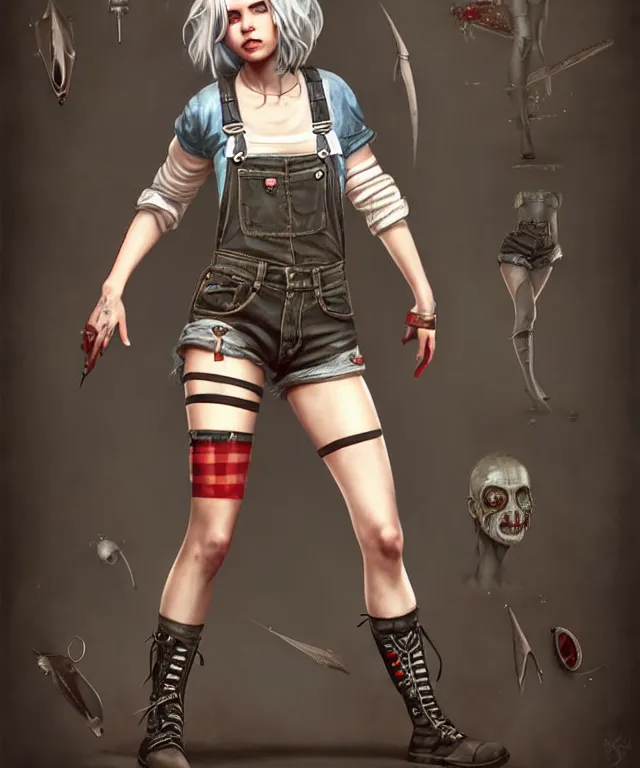 Image similar to full body pose, grungy ciri, torn overalls, short shorts, combat boots, fishnets, beautiful, highly detailed face, true anatomy!, extremely detailed!, digital painting, unreal engine 5, art by tom bagshaw