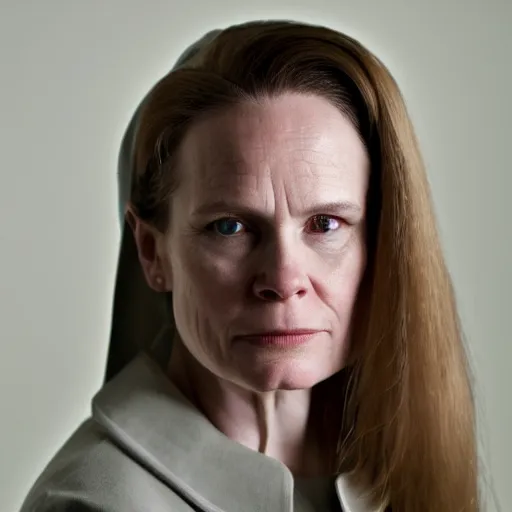 Image similar to Portrait photo of Amy Coney Barrett as a character in movie The Handmaid's Tale, studio lighting, 85mm f/1.4