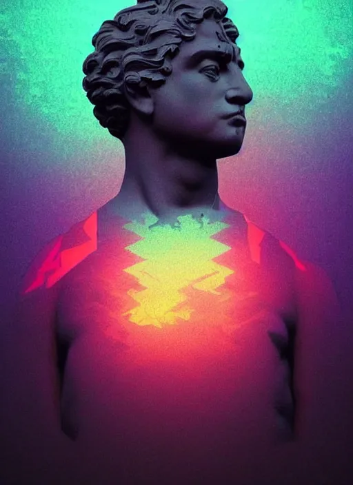 Image similar to black background, statue of hercules, beeple, vaporwave, retrowave, glitch, pixel sorting, strong contrast, pinterest, trending on artstation