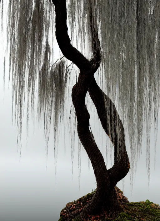 Prompt: nature photograph of a weeping willow with black bark and silver leaves sitting on a cliff in the style of stefan kostic, realistic, half body shot, sharp focus, 8 k high definition, insanely detailed, intricate, elegant, art by stanley lau and artgerm, luis royo, cloudy background