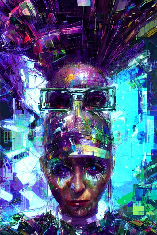 Prompt: portrait, headshot, digital painting, an delightfully mad techno - shaman lady, wink, synthwave, tensor field, glitch, refraction, fracture, realistic, hyperdetailed, chiaroscuro, concept art, art by john berkey