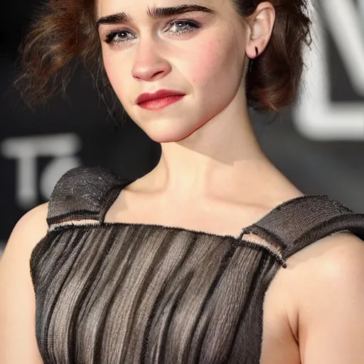 Image similar to a woman who is a genetic combination of emilia clarke and emma watson face and upper - body focus