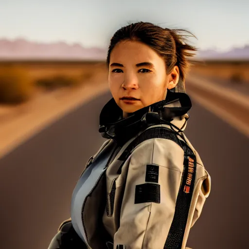 Image similar to photograph of a techwear woman, closeup, on a desert road with a futuristic city in the horizon, sigma 85mm f/1.4, 4k, depth of field, high resolution, 4k, 8k, hd, full color