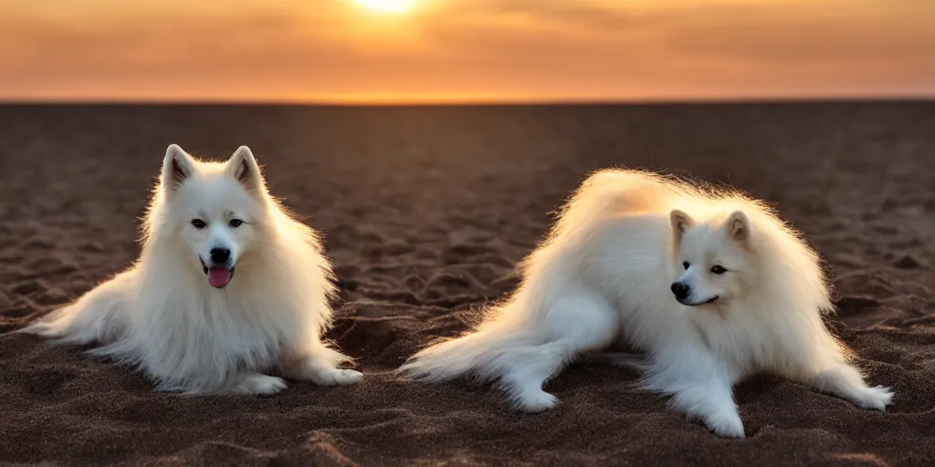 Image similar to a closeup photorealistic photograph of japanese spitz on the beach at sunset. this 4 k hd image is trending on artstation, featured on behance, well - rendered, extra crisp, features intricate detail and the style of unreal engine. golden hour