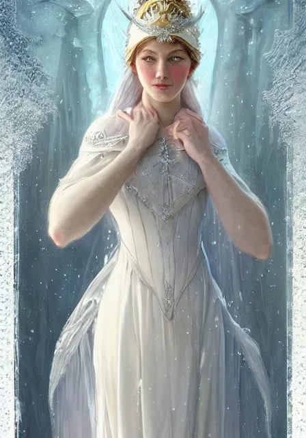 Image similar to snow queen in ice dress, intricate, elegant, highly detailed, digital painting, artstation, concept art, smooth, sharp focus, illustration, art by artgerm and greg rutkowski and alphonse mucha and william - adolphe bouguereau