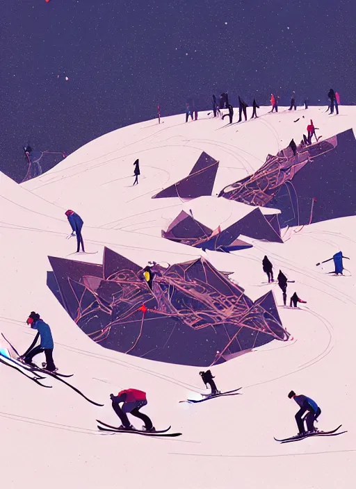 Image similar to by moebius and atey ghailan | the bottom of a ski slope with a huge pile of tangled up skiers |