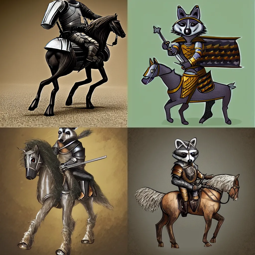 Prompt: A knight raccoon wearing a suit of medieval armor riding a horse