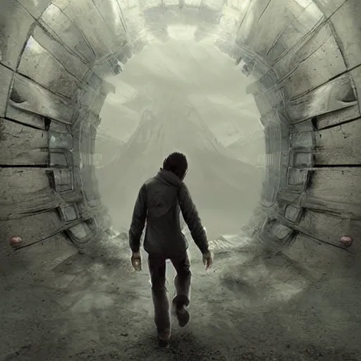 Image similar to a man walking into the portal, concept art, illustration, highly detailed, artwork, cinematic, hyper realistic, art station