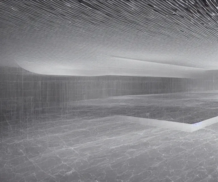 Prompt: still from a film : floating vr interface with depth of field, a minimalist transparent space station tunnel network, vertically floating panels & soft white marble tablets displaying zooming interfaces and long scrolls and blurry misty glowing floating computer panels, stark chiaroscuro lighting