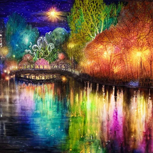 Image similar to A Mystic River, The River Is Full of Lights, Mysticism, Artwork, Watercolor, Indian Art, Cinematic, Exposure, Slit-Scan Photography, 2-Dimensional, 4k, Ultra-HD, Incandescent, Ray Tracing Reflections, insanely detailed and intricate, hypermaximalist, elegant, ornate, hyper realistic, super detailed:: watermark:: blurry:: cropped:: blur:: blurry:: out of focus:: by Dorothea Tanning, by Rene Magritte, by Victto Ngai