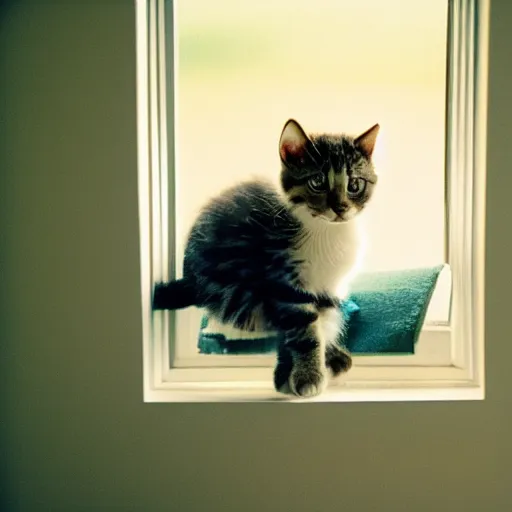 Prompt: a kitten in a room basking in the sun, relaxing, peaceful, sunbeams coming through a window, film photo, Portra 400 n- 4