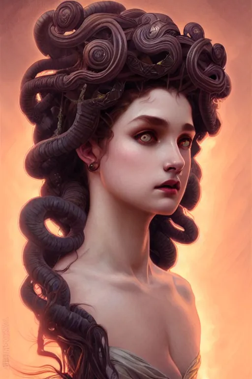 Image similar to greek medusa closeup filled background around face, fantasy magic, undercut hairstyle, dark light night, intricate, elegant, sharp focus, illustration, highly detailed, digital painting, concept art, matte, art by wlop and artgerm and greg rutkowski and alphonse mucha, masterpiece