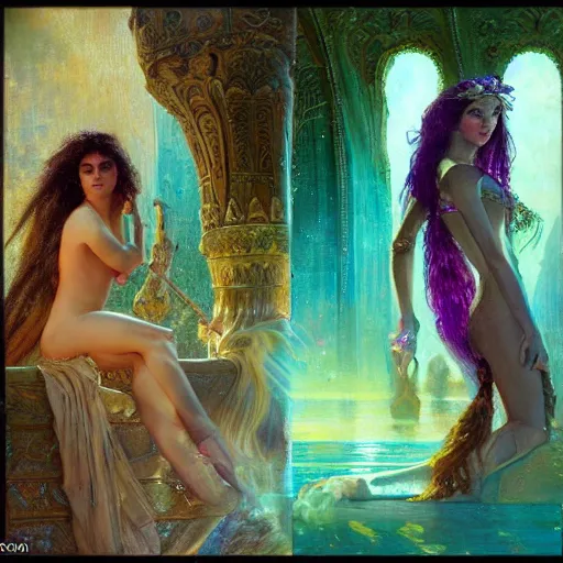 Image similar to artstation, intricate detail, by gaston bussiere, tan skin, lady of elche, egyptian sumerian features, techno mystic dominatrix goddess intergalactica, inanna with aqua neon rapunzel dreadlocks,