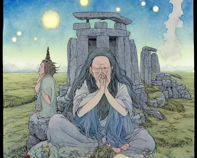 Image similar to a hyperrealist studio ghibli watercolor fantasy concept art of a giant long haired grey witch in lotus position sitting on top of stonehenge with a starry sky in the background. a group of tiny monks are prostrating them themselves. by rebecca guay, michael kaluta, charles vess